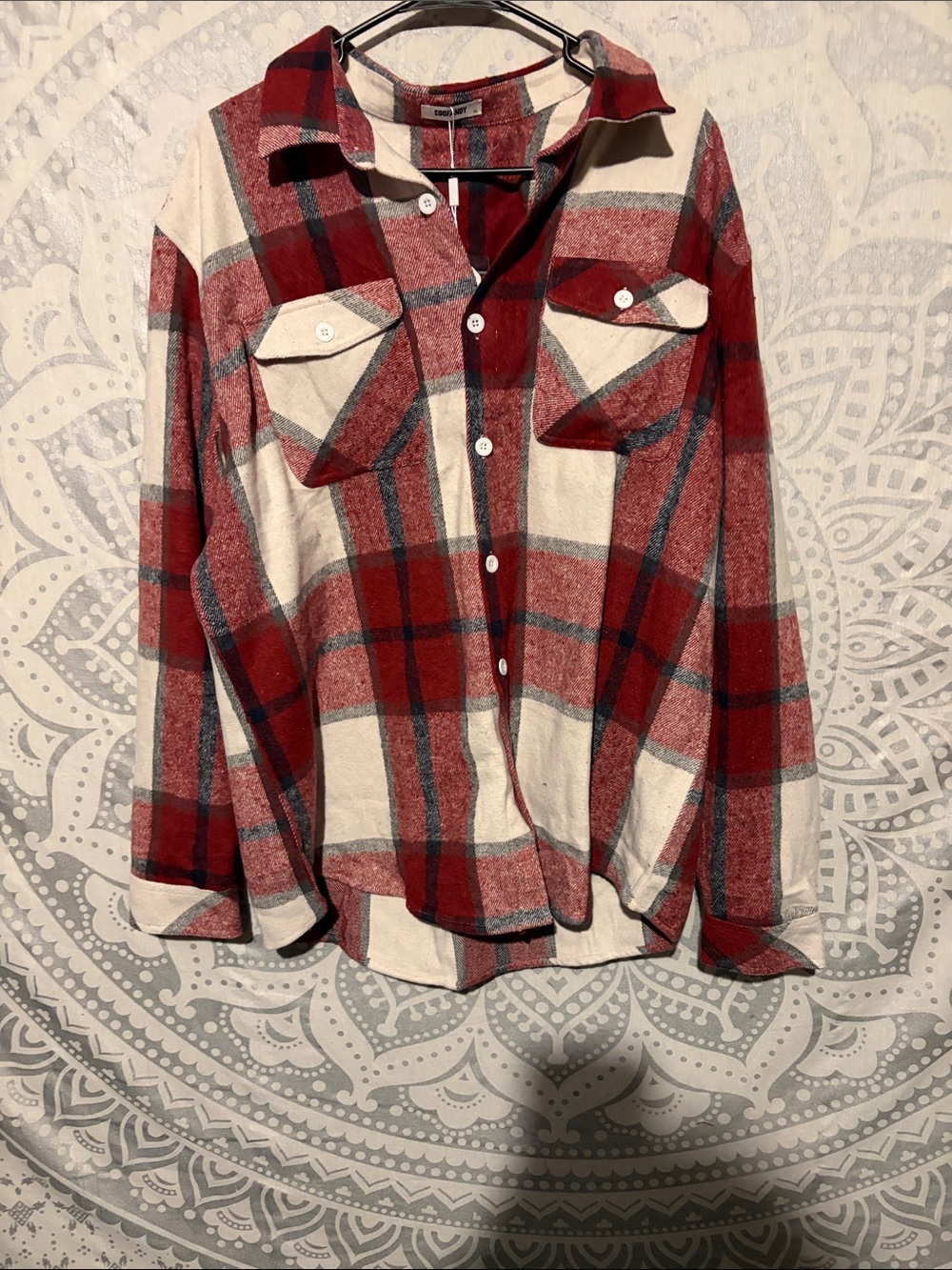 NWT COOFANDY Men's Plaid Flannel Shacket Button Down Shirt Red Cream Size XL